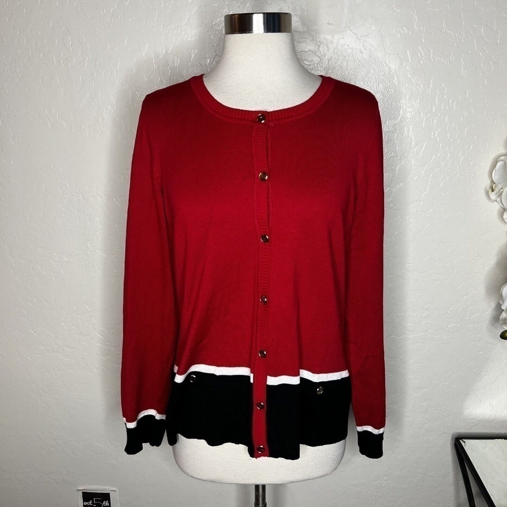 Karen Scott red, black & white cardigan sweater M
